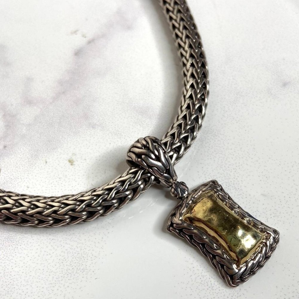 John Hardy 925 Sterling Silver & 22k Gold PALU Pendant Necklace 18" Wheat Chain - Picture 2 of 12